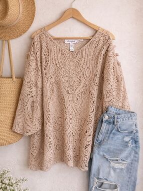 Ultra Pink - Beige Color- Cold Shoulder Boho Top 2X Romantic Lace